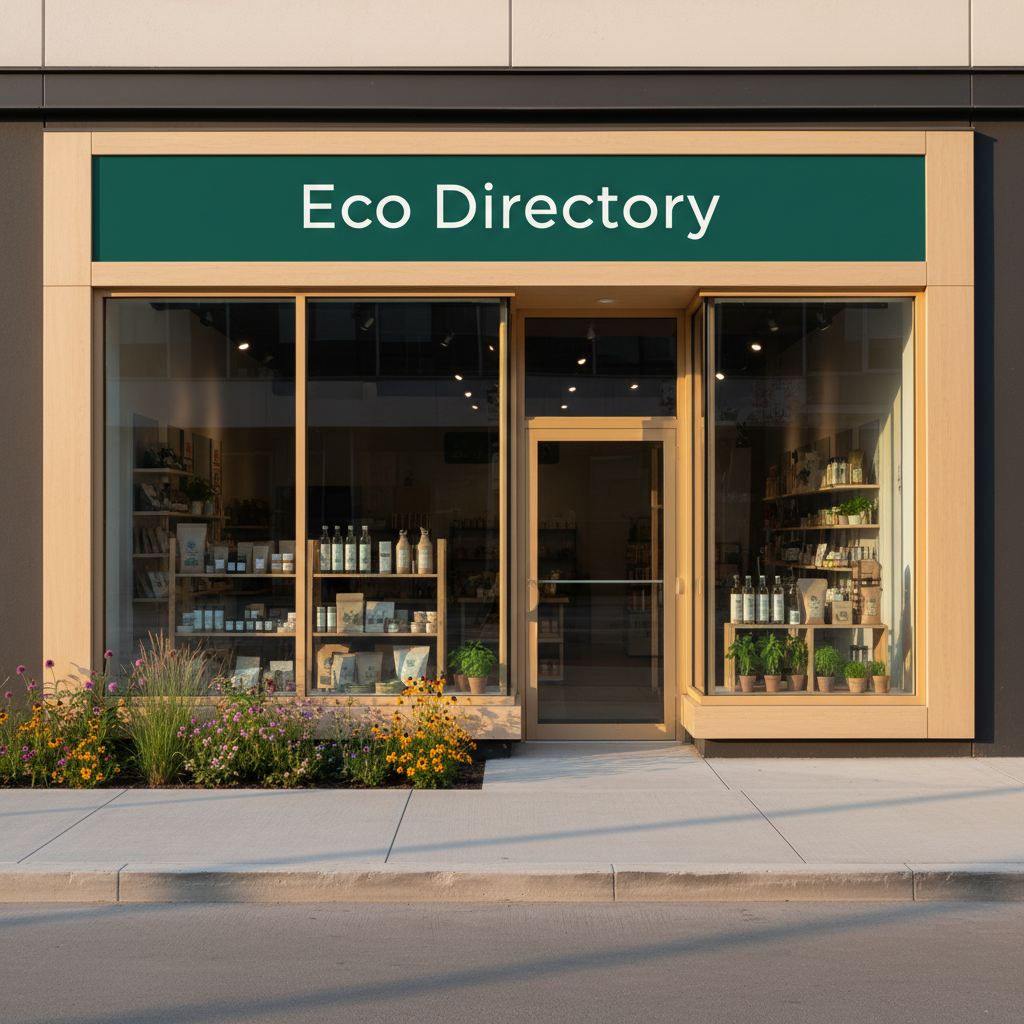 A bright, photographic realism scene of an eco-friendly storefront façade on a clean, modern city street. The shop exterior features large, crystal-clear glass windows framed by warm, light-toned wood, with a deep-green sign overhead that reads “Eco Directory” in simple, sans-serif lettering. Inside the windows, neatly arranged sustainable products—recycled paper packaging, refillable containers, and small potted herbs—are clearly visible. The pavement in front is smooth and light gray, with a narrow strip of native plants and wildflowers along the curb. Late afternoon natural light creates a soft golden glow, casting long, gentle shadows that add depth. Shot from a straight-on, eye-level perspective with sharp focus, the composition feels clean, trustworthy, and professional, highlighting the idea of a curated climate-conscious business directory.