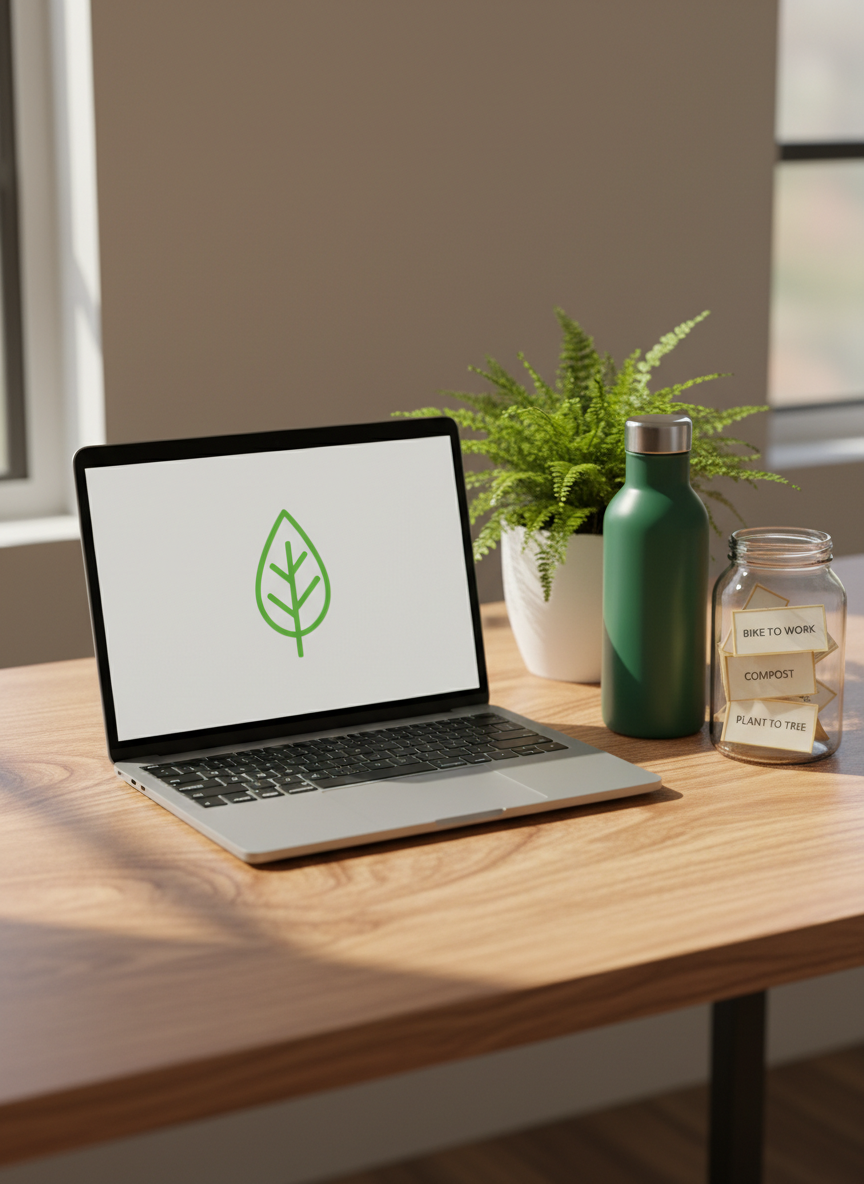 A close-up, photographic realism image of a meticulously organized eco-friendly home office desk made from light, sustainably sourced wood with visible grain patterns. At the center sits a slim, silver laptop displaying an abstract green leaf icon on a clean interface. Beside it, a reusable stainless-steel water bottle with a matte forest-green finish and a neatly labeled glass jar of climate-friendly habits cards rest on the surface. A small, healthy potted fern in a white ceramic pot adds texture in the background. Soft natural daylight from an unseen window to the left casts gentle, directional light and subtle shadows, creating a focused yet inviting mood. Shot at eye level with shallow depth of field, the background fades into a soft bokeh, emphasizing clarity, organization, and professional sustainability.